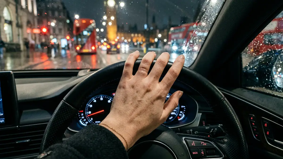 Close-up of a woman's bare ring finger resting on a car steering wheel at night.