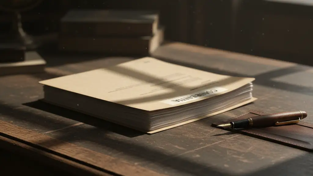 A confidential file folder on a desk, hinting at secrets and investigations.