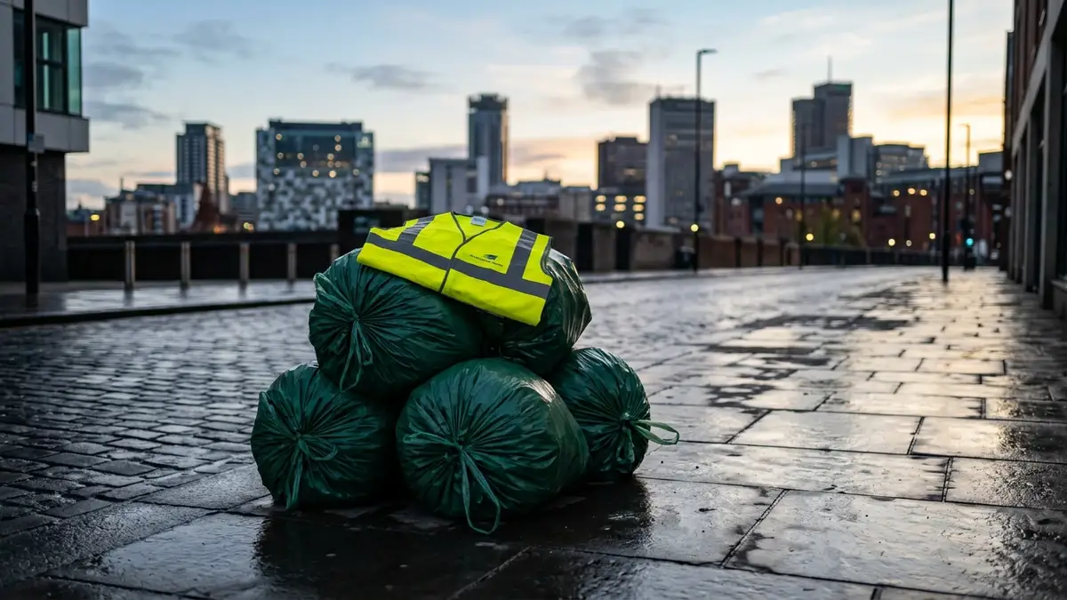 Stack of refuse sacks with a folded high-visibility vest on a wet Birmingham street.