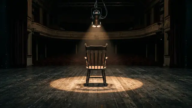 Empty wooden stage with a single spotlight on an antique armchair, back to viewer.