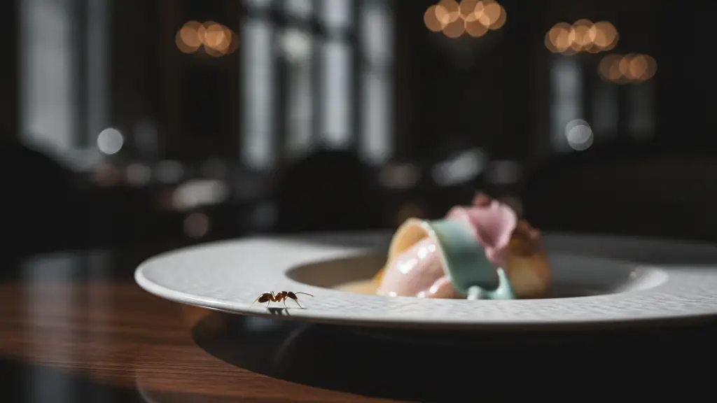 A single ant crawling on the rim of a blurred, elegant dessert plate.
