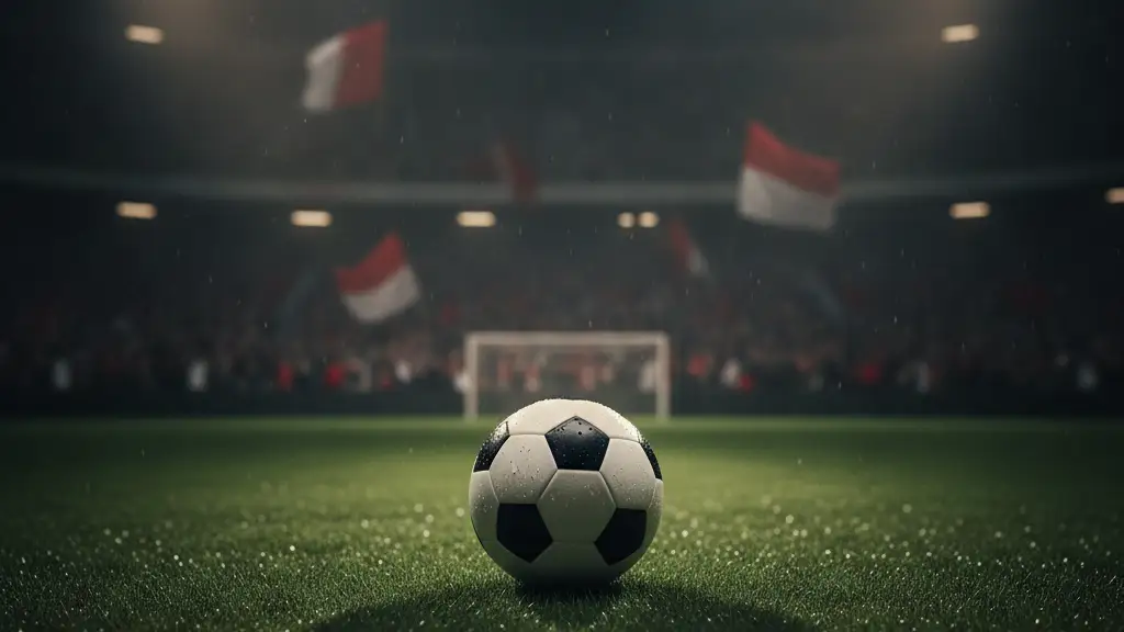 A lone football on a wet pitch under stadium lights, distant crowd blurred.
