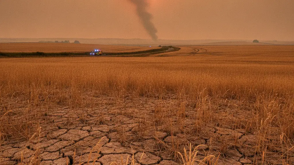Distant smoke plume over dry British countryside under a hazy, hot sky.