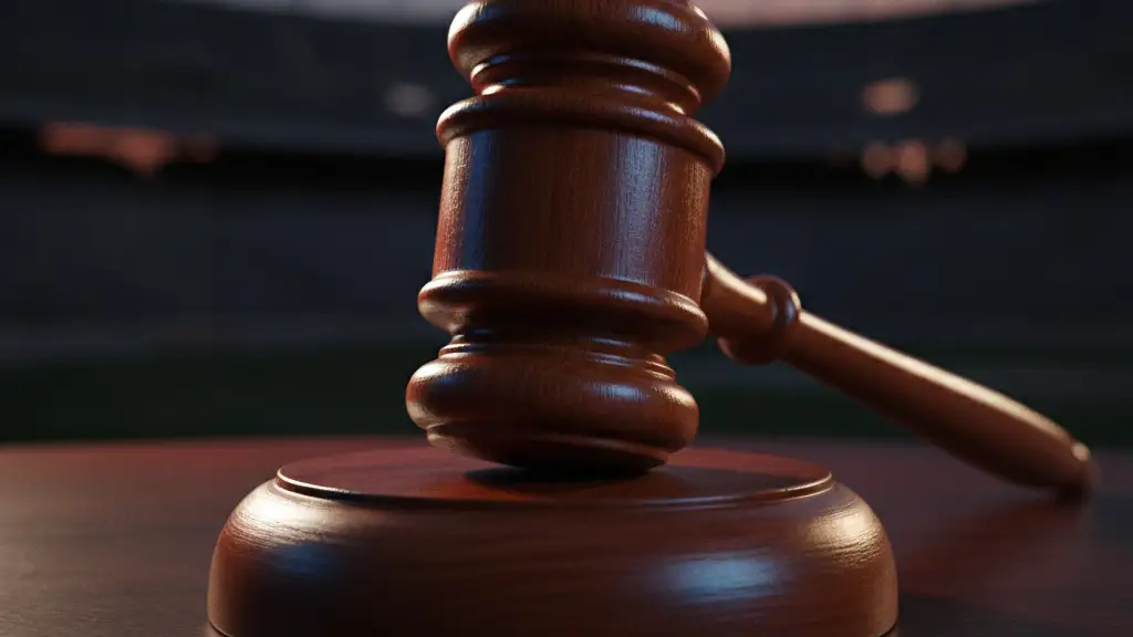 A wooden gavel on a desk, with a blurred football stadium in the background.