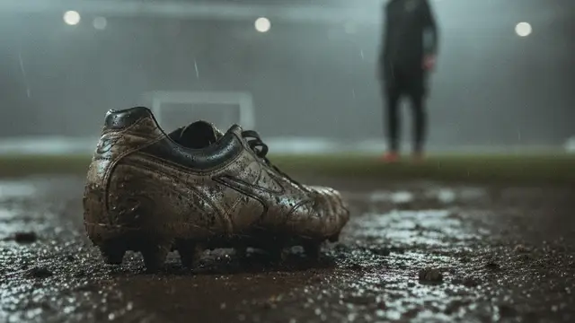 Worn football boot on muddy pitch, blurred stadium lights in background.