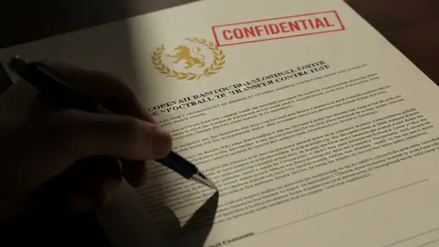 A blurred hand poised to sign a confidential football transfer contract document.