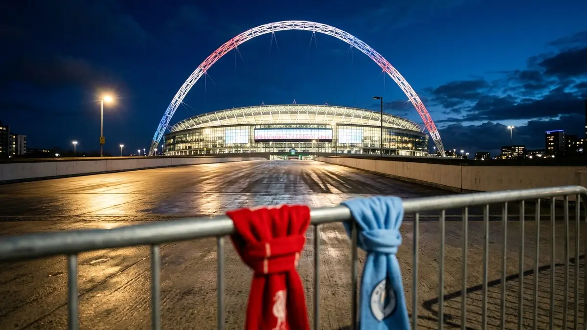 The Wembley Stadium arch at night with red and blue scarves in the foreground.