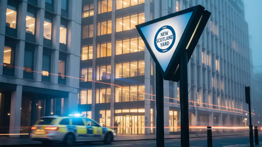 The New Scotland Yard sign at dusk with blurred police lights reflecting on wet pavement.