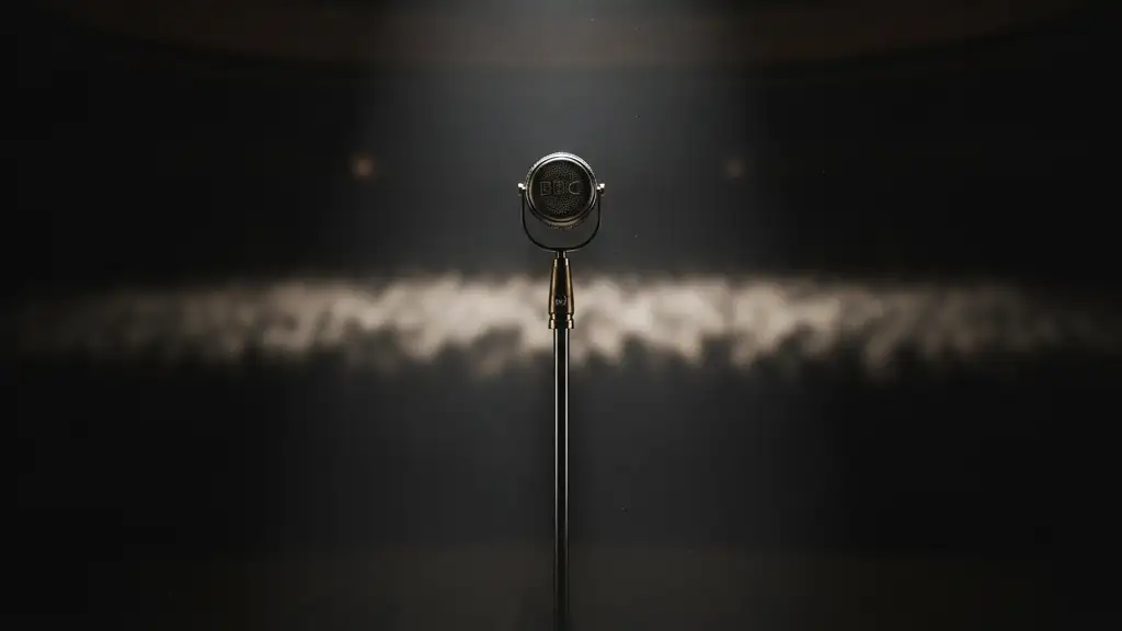 A vintage BBC microphone stand under a spotlight on an empty, dark stage.