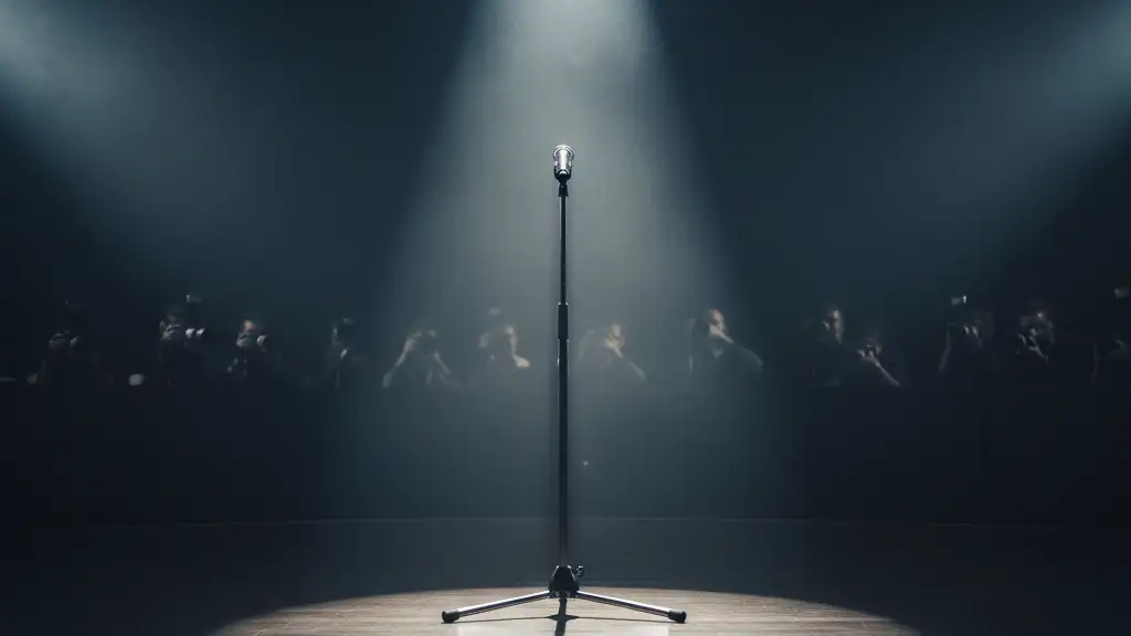 A lone microphone stand under a bright spotlight on a dark, empty stage.