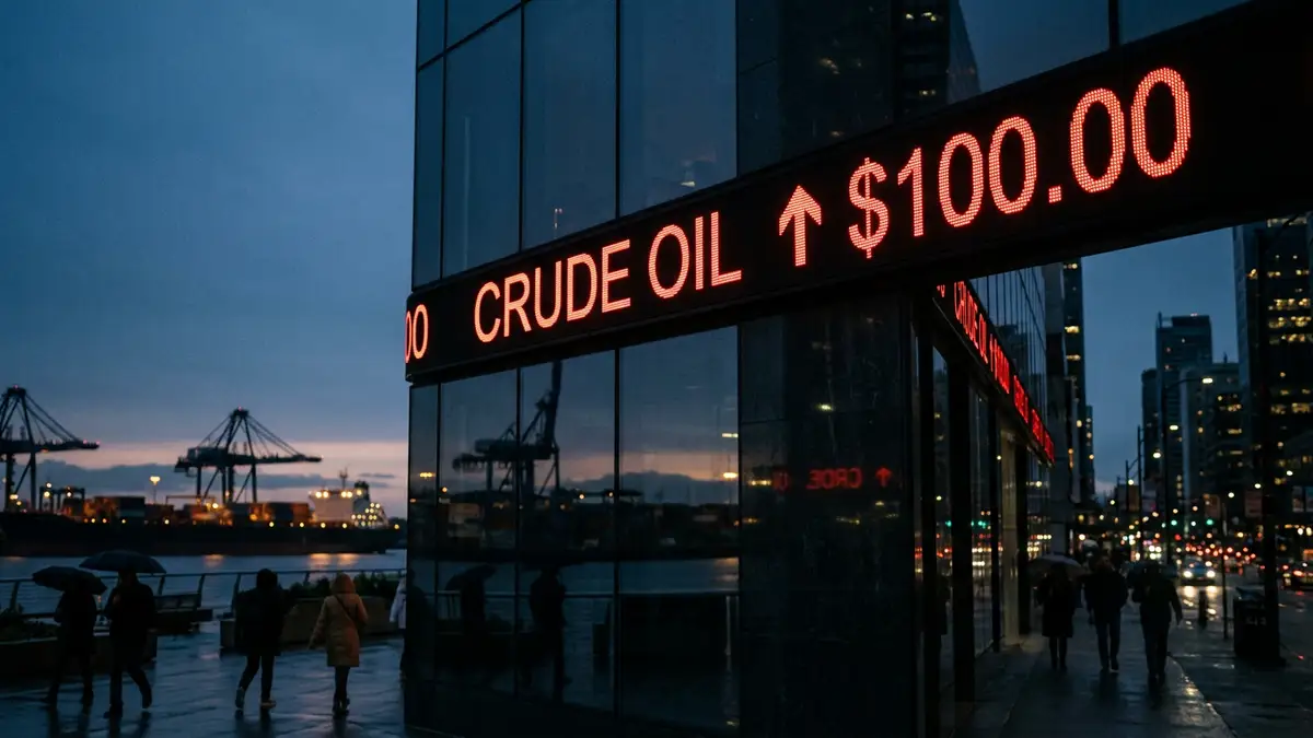 A digital stock ticker showing oil prices rising to 100 dollars against a twilight harbor.