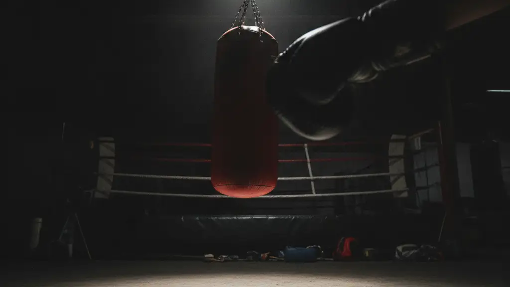 A blurred, gloved fist in motion, narrowly missing a speed bag in a dimly lit boxing gym.