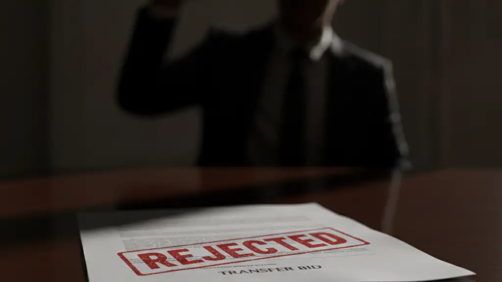 A document stamped 'REJECTED' on a desk, with a blurred figure in the background.