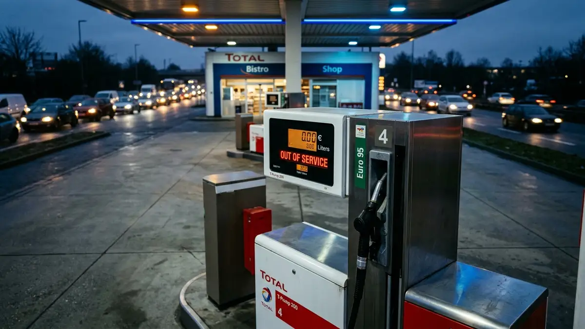 A close-up of a fuel pump nozzle at a closed gas station with blurred headlights.