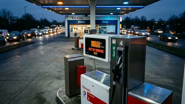 A close-up of a fuel pump nozzle at a closed gas station with blurred headlights.