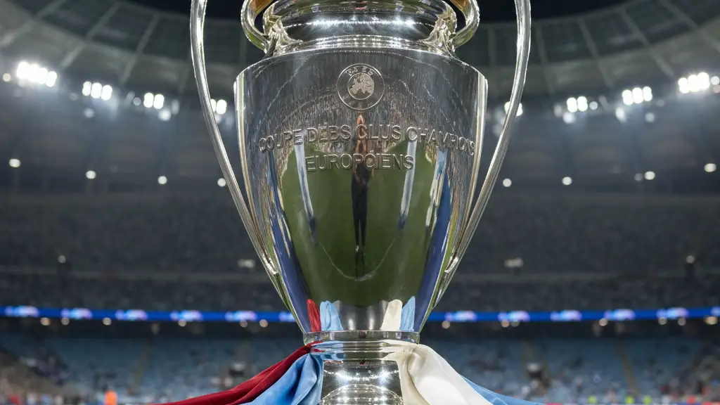 The Champions League trophy on a plinth with six football scarves draped around its base.