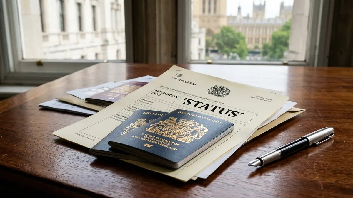 Passports and official documents on a wooden desk in a government office setting.