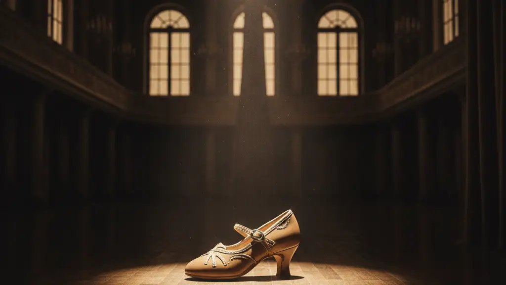 A single, ornate dance shoe on a reflective, empty ballroom floor under a spotlight.