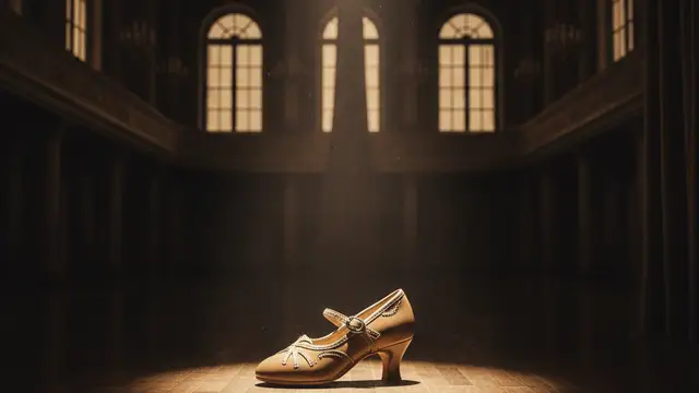 A single, ornate dance shoe on a reflective, empty ballroom floor under a spotlight.