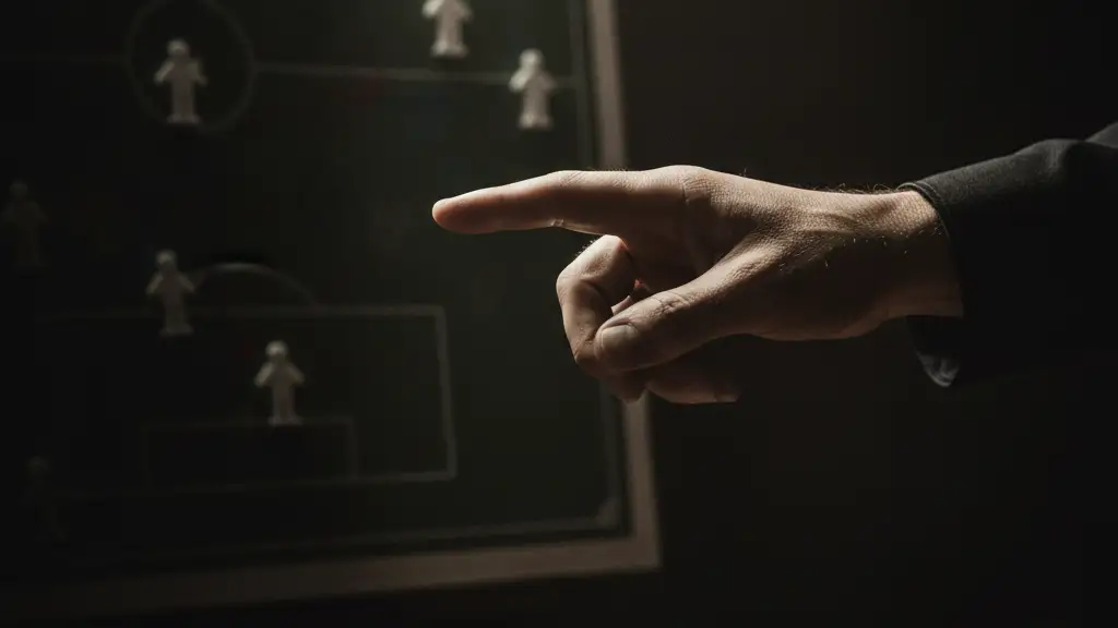 Manager's hand pointing at a blurred tactical board, a playbook in the foreground.