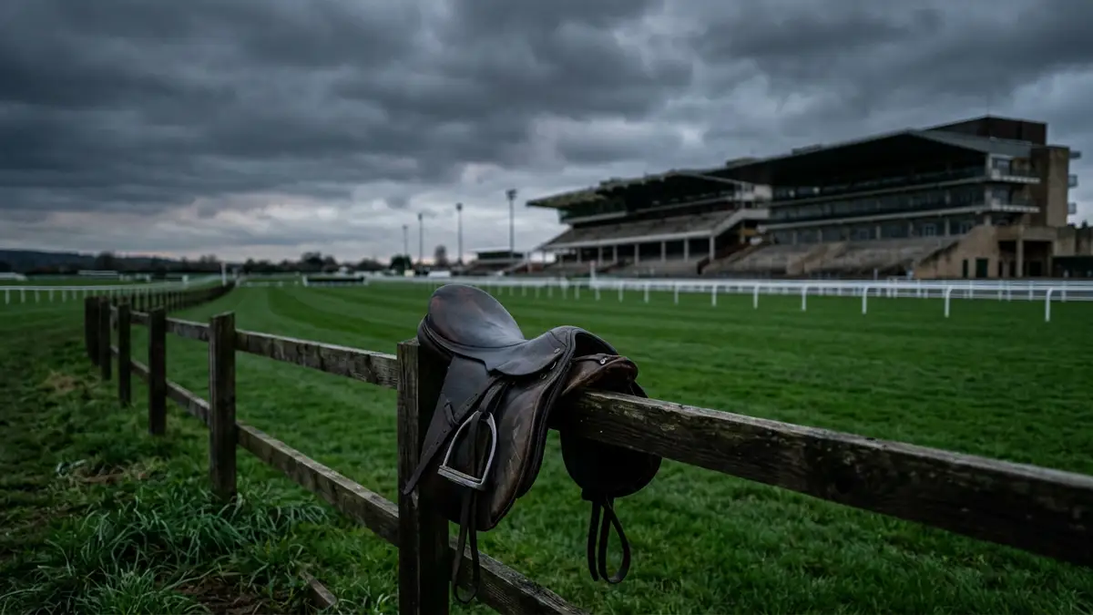 A lone horse saddle rests on a wooden fence overlooking an empty, green racecourse.