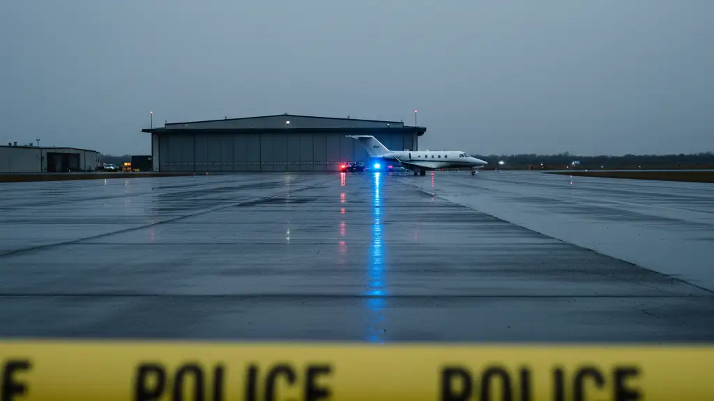 Police tape in foreground with a blurred private jet silhouette at a guarded airfield.
