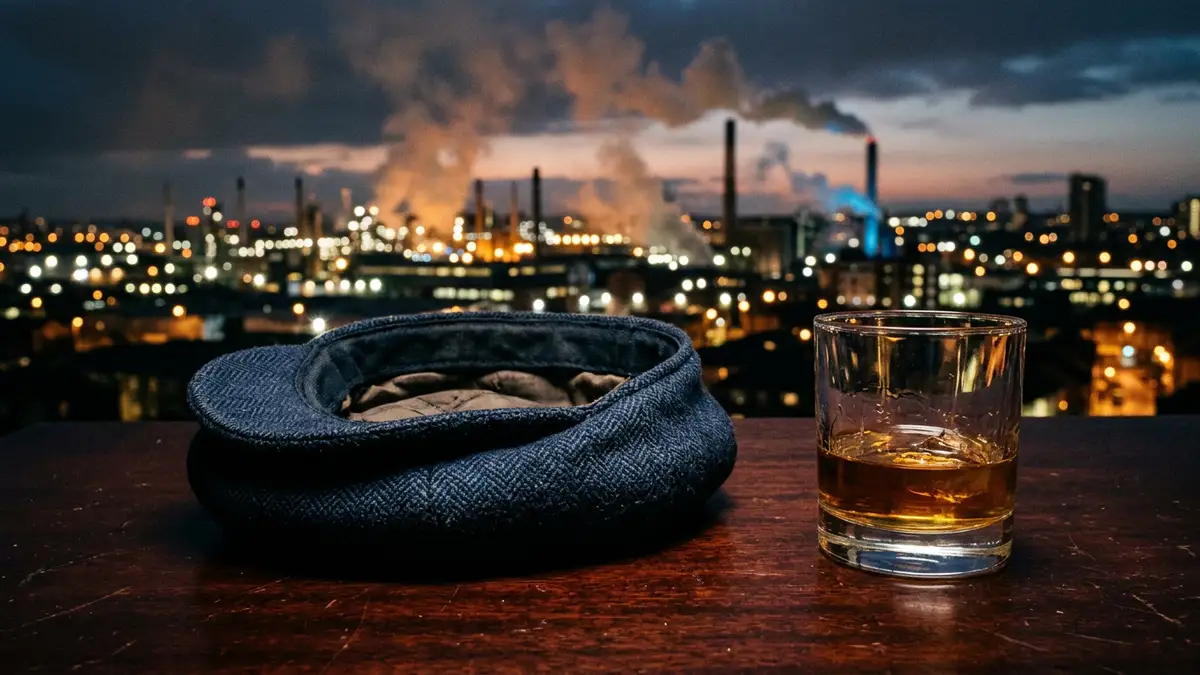 A vintage flat cap and a glass of whiskey on a dark wooden table.