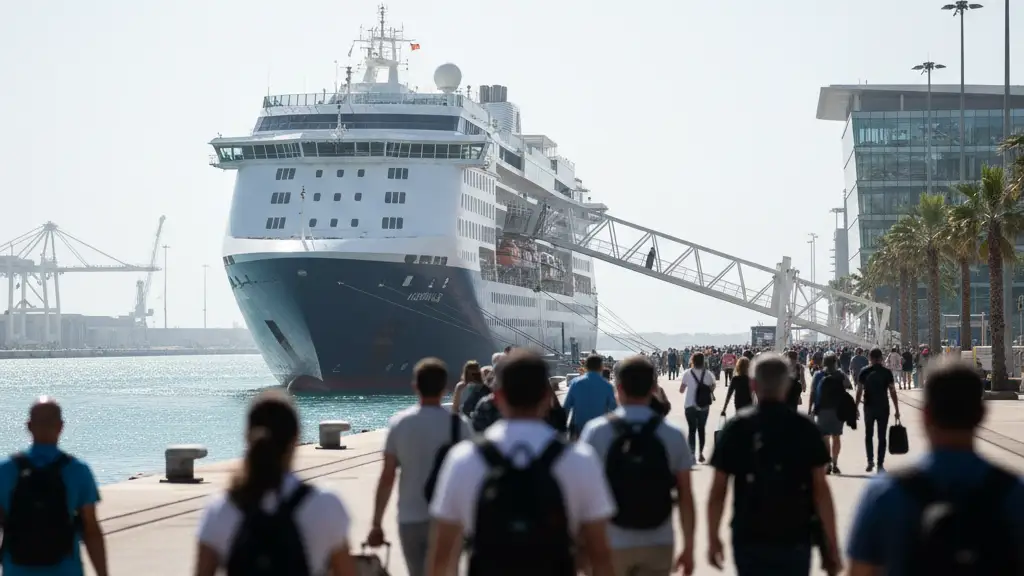 Cruise ship docked in a sunny port with blurred figures of people in the foreground.