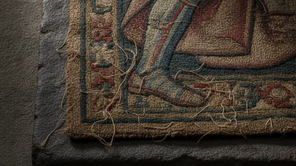 Close-up of ancient, intricately embroidered fabric laid flat, showing medieval stitching.