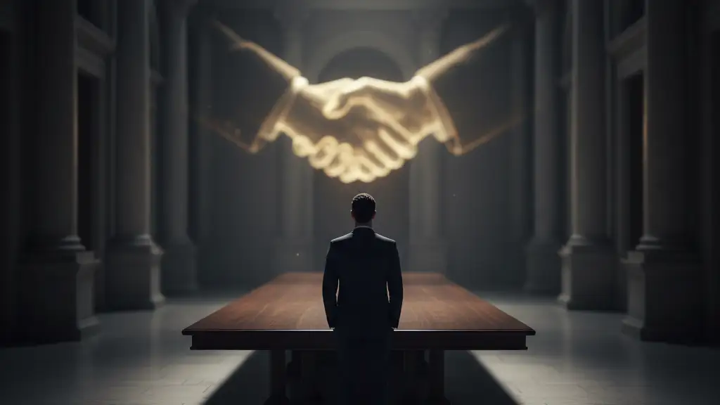 Silhouette of a person at a table, facing a golden handshake.