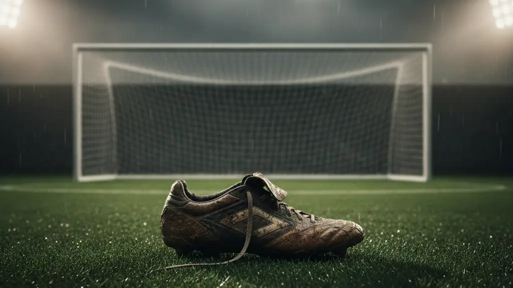 A mud-stained football boot on a wet, green stadium pitch after a game.