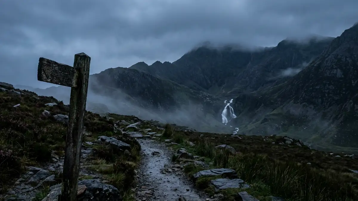 A quiet mountain trail in Eryri National Park with a wooden signpost at dusk.