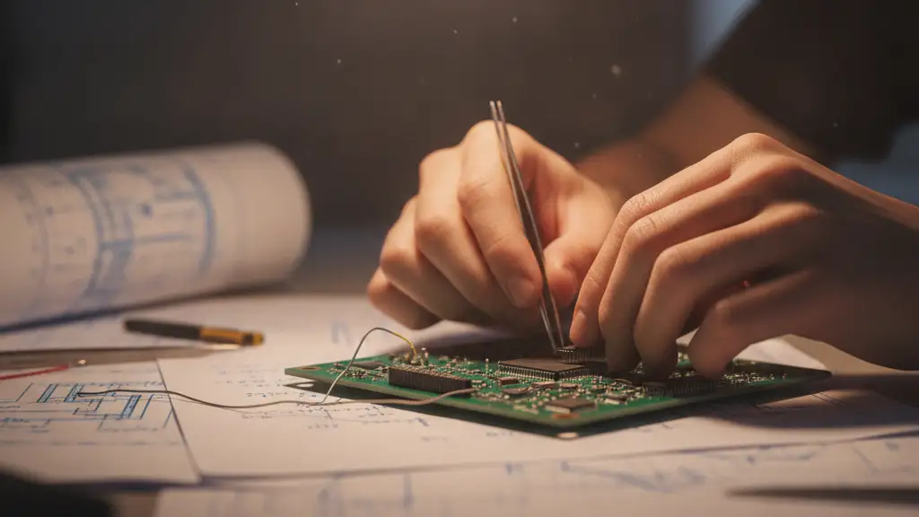 Student's hands assembling a circuit board, blurred blueprints in background.