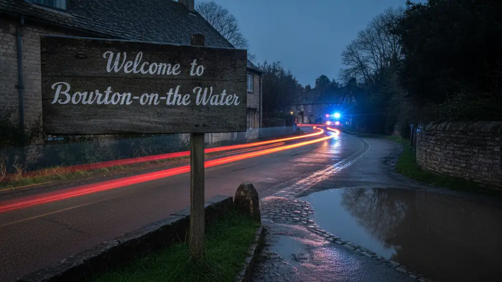 Faded 'Welcome to Bourton-on-the-Water' sign, blurred car lights, wet cobblestones.