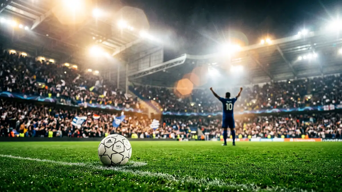 A football on a stadium pitch at night with a blurred player celebrating in background.