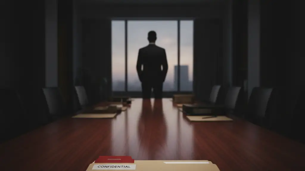 Silhouetted figure of a man in a suit, back to viewer, facing a 'CONFIDENTIAL' file.