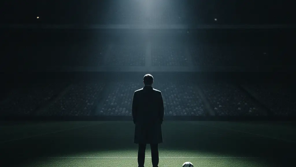 A lone, silhouetted football manager stands on an empty pitch under a spotlight.