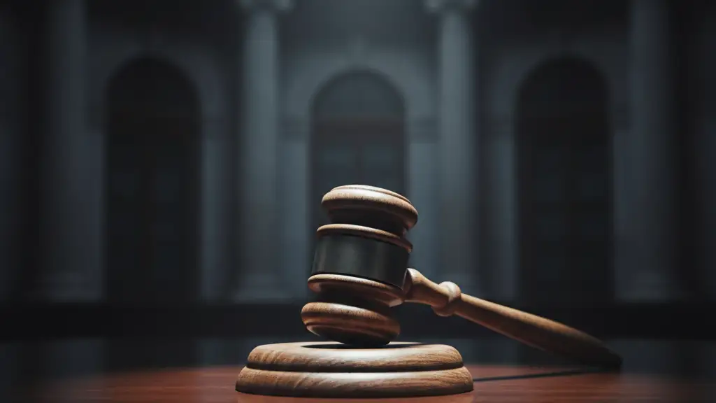A lone wooden gavel on a polished desk under a spotlight.
