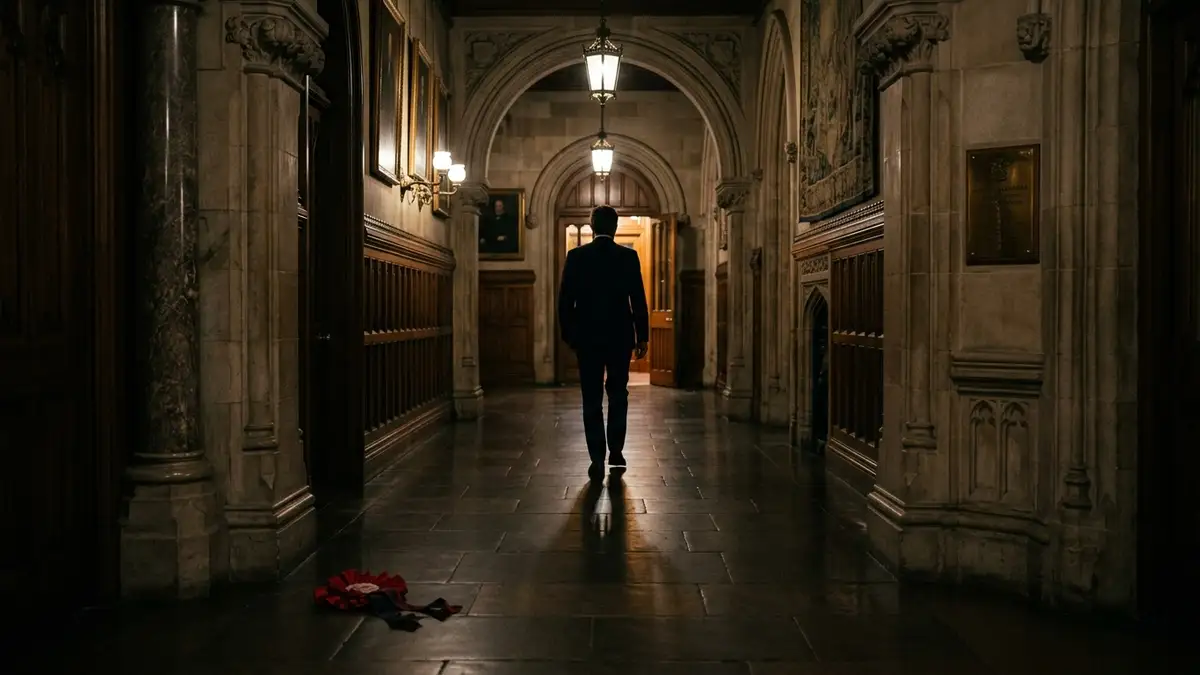 Silhouette of a figure walking down a parliamentary corridor, a discarded red rosette on the floor.