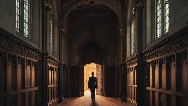 Silhouetted figure walks away down a parliamentary corridor, light from an open door.