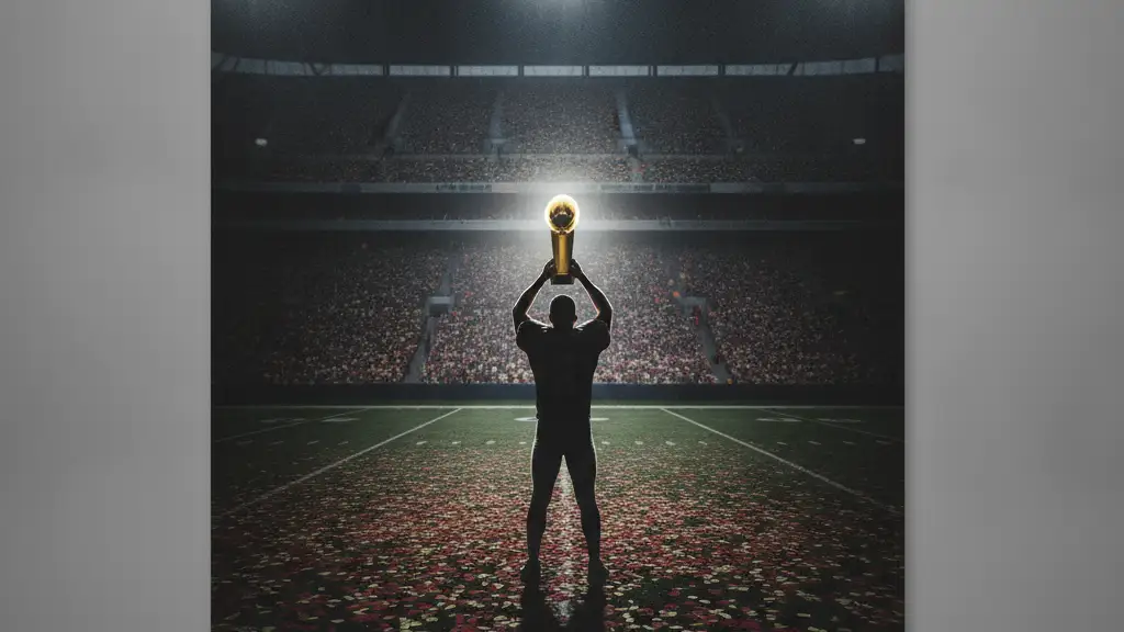 Silhouetted football player holding a gold trophy amidst confetti in a stadium.