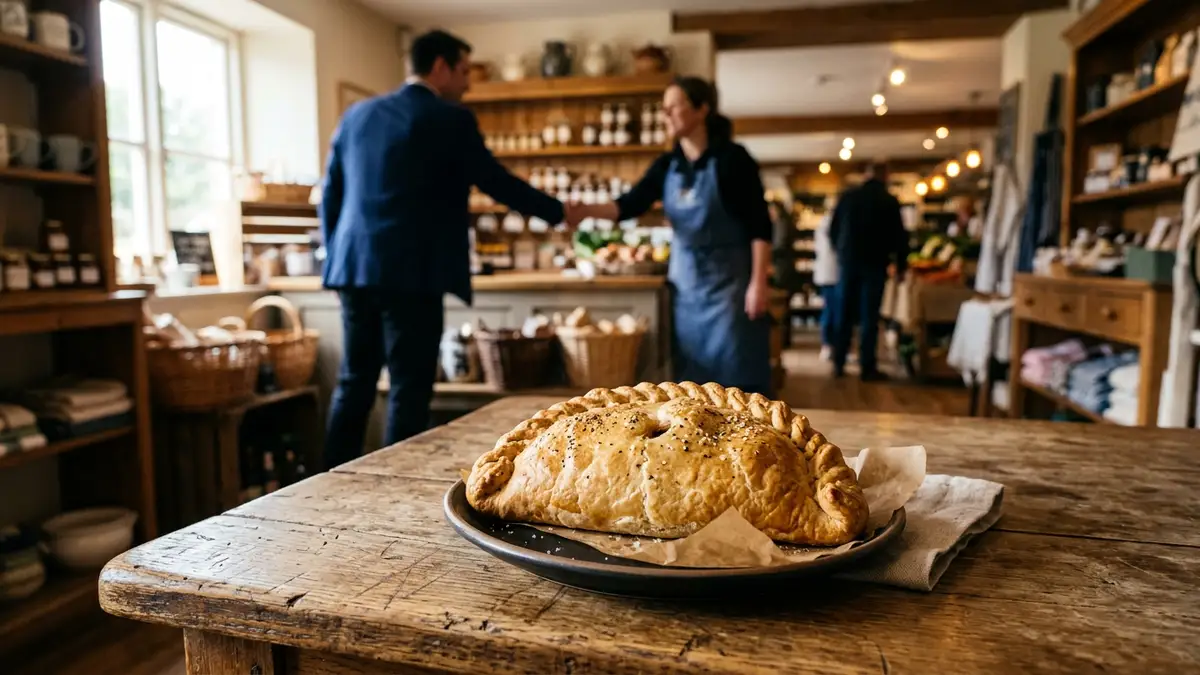 A golden-brown Cornish pasty on a wooden table with a blurred silhouette in the background.