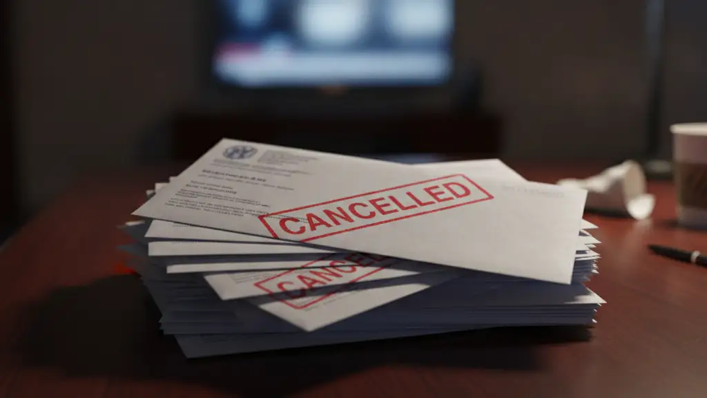 Stack of cancelled envelopes on a desk, with a blurred TV screen in the background.