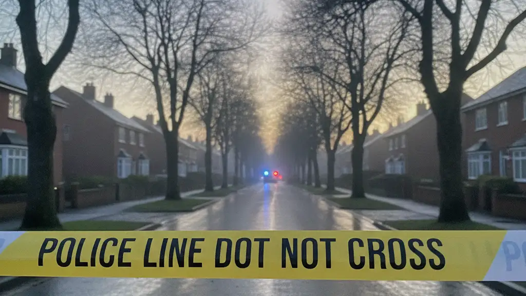 Police tape blocks a quiet residential street, emergency lights reflect on wet pavement.