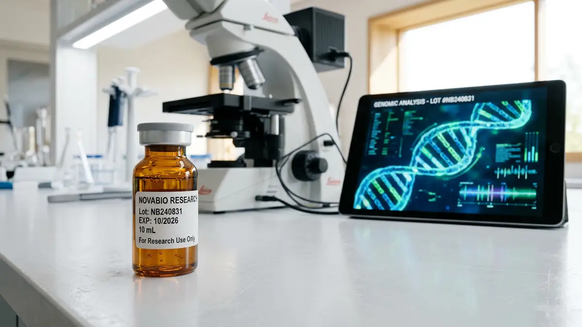 A medical vial on a lab table with a blurred DNA graphic in the background.