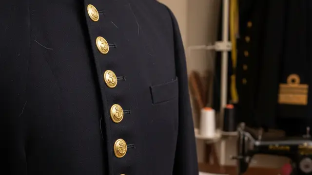 Close-up of a Royal Navy No 1 jacket, showing gold buttons on dark blue fabric.
