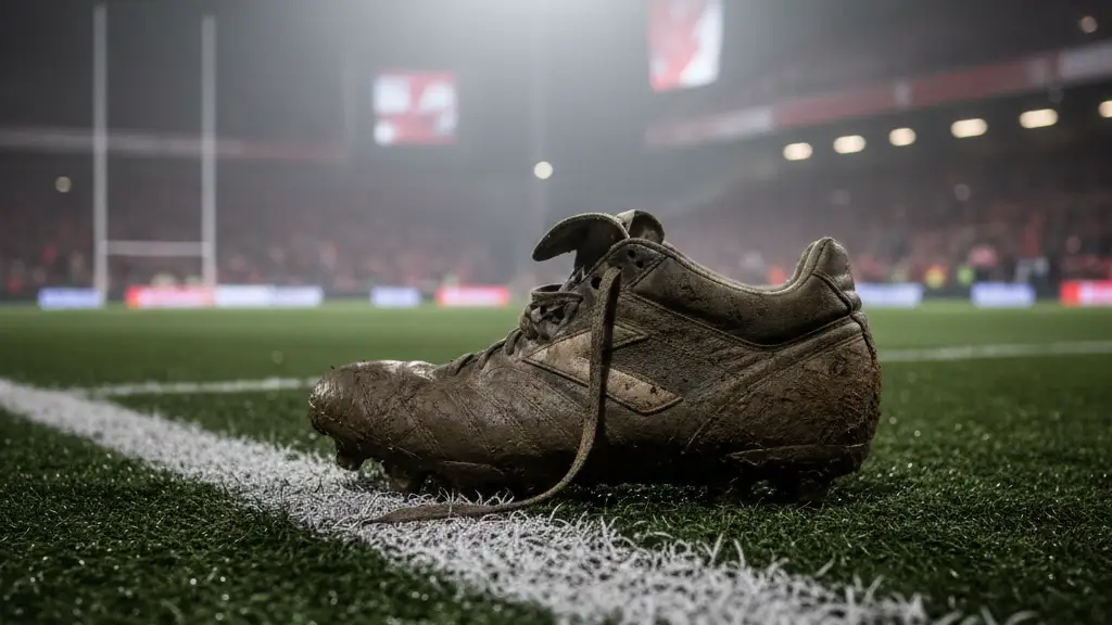 A single mud-stained rugby boot sits alone on a white sideline under stadium lights.