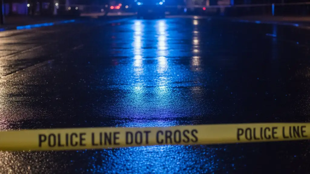 Blue police lights reflecting on wet pavement with yellow police tape in the foreground.