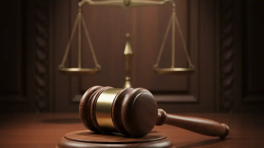 A wooden gavel and brass scales of justice on a dark courtroom desk.