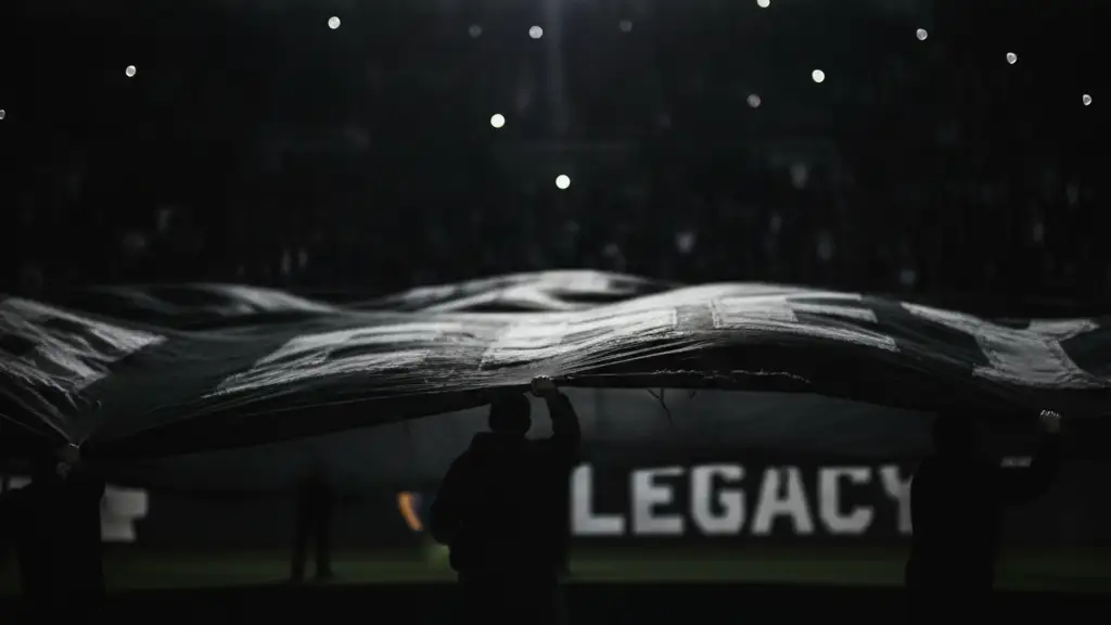Blurred banner unfurled in a stadium, dramatic spotlight, deep shadows.